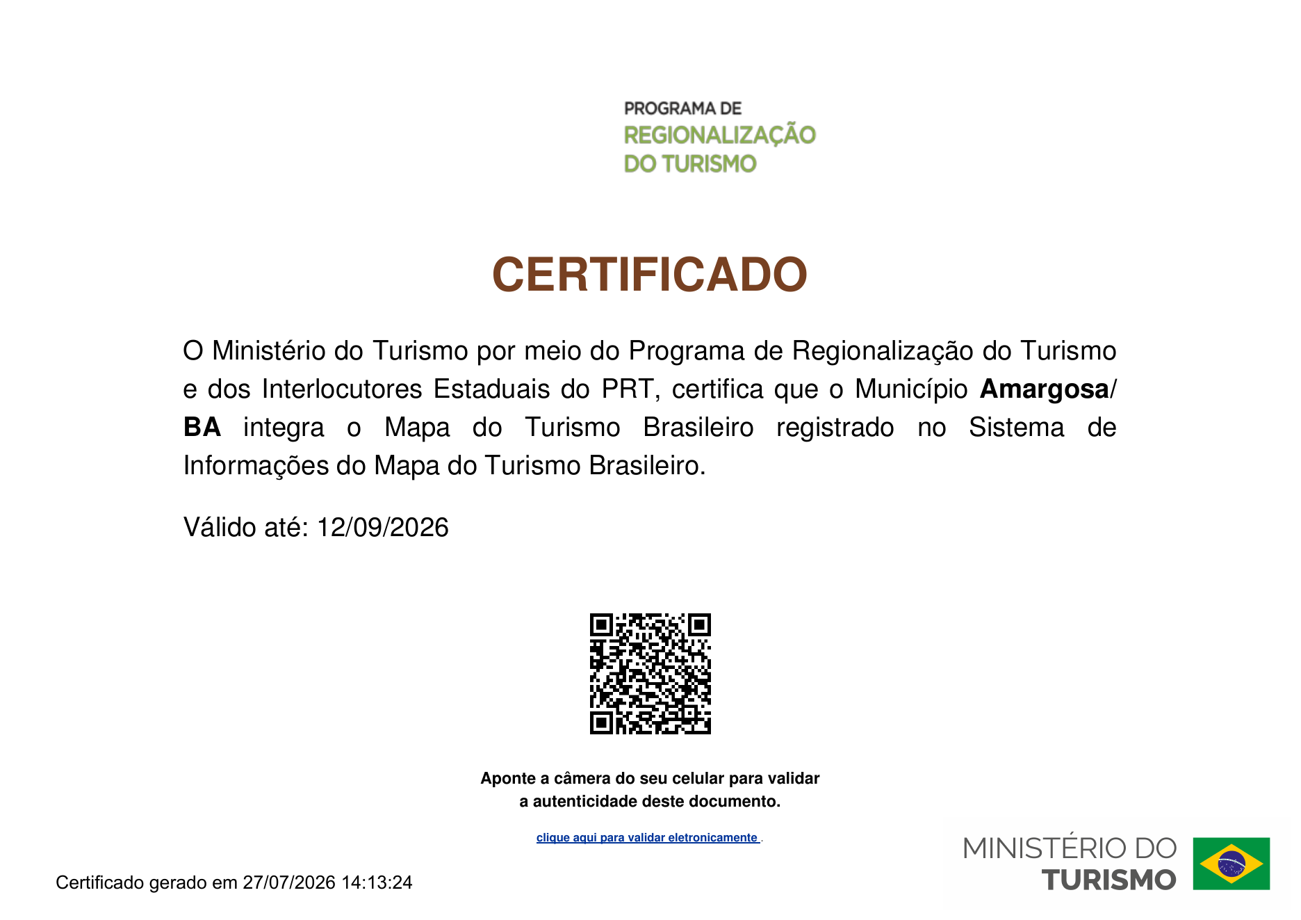 Certificado do Minist&eacute;rio do Turismo que confirma Amargosa no Mapa do Turismo Brasileiro